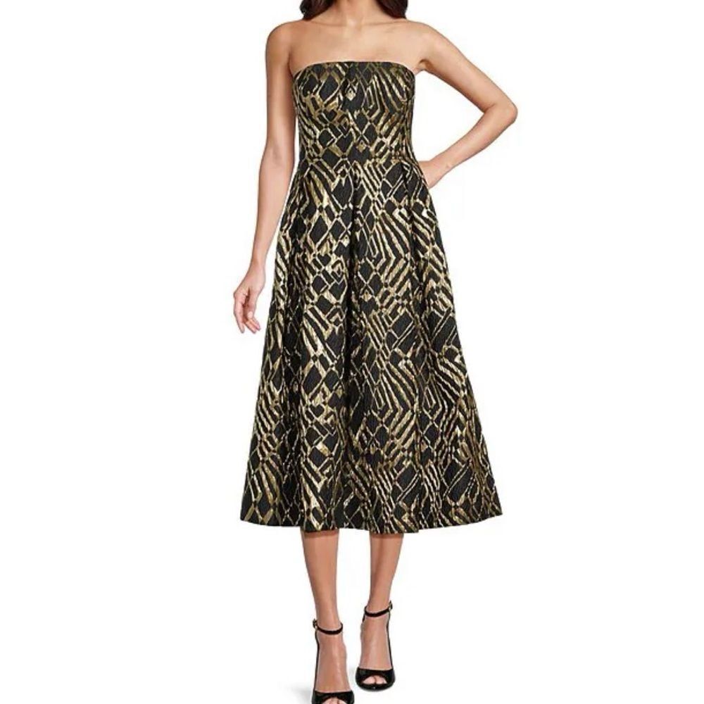 Donna Karan Abstract Print Novelty Metallic Brocade Midi Gown Black Size 12 NWT
